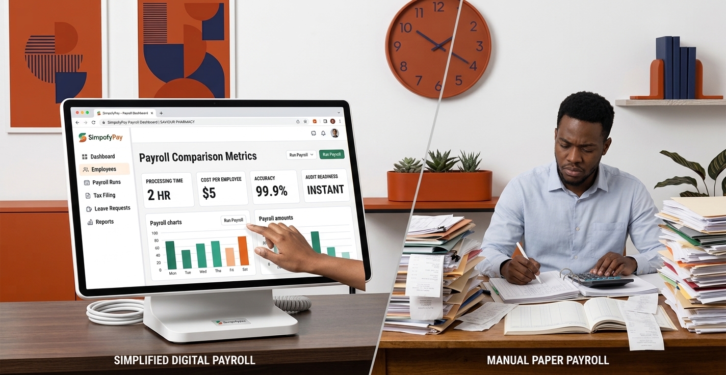 Manual paper payroll compared side-by-side with SimpofyPay's digital dashboard