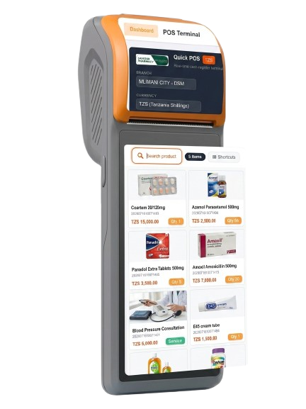 A handheld SimpofyPOS terminal showing the quick-sale screen