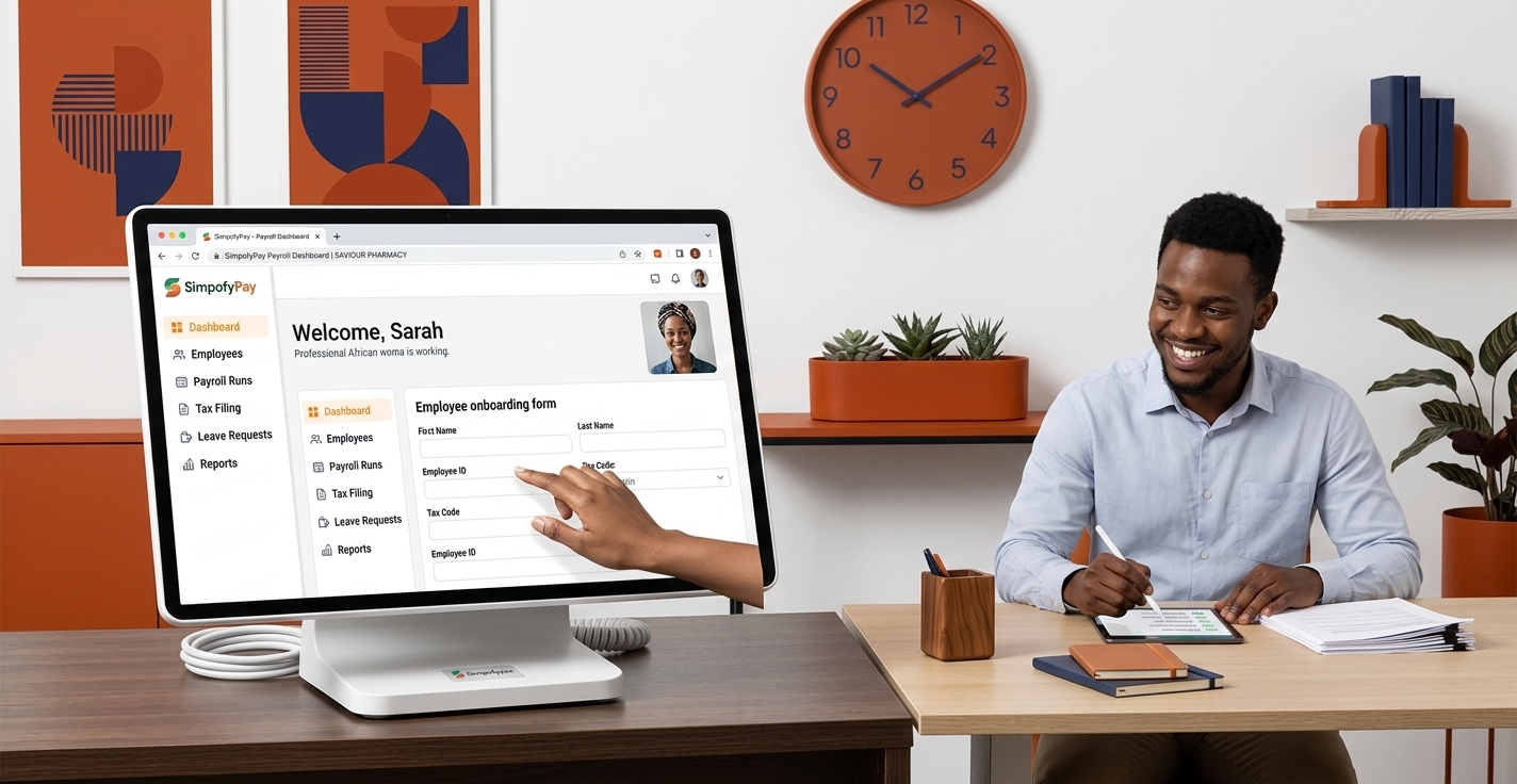 SimpofyPay payroll dashboard shown on a desktop monitor