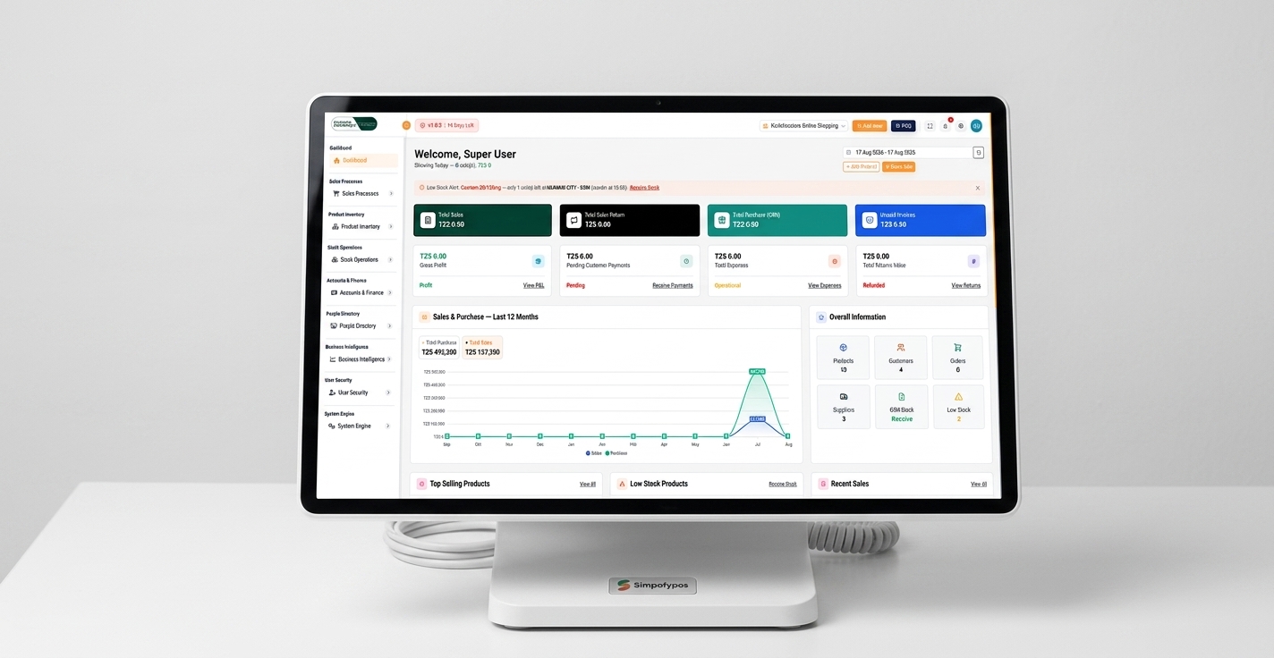 SimpofyPOS dashboard shown on a tablet